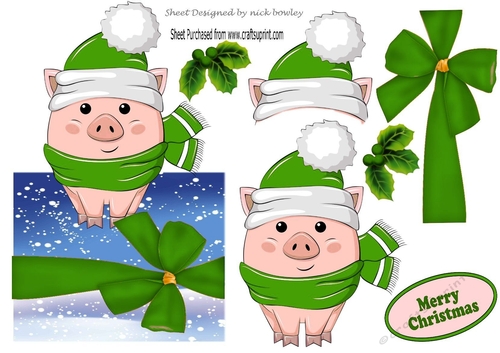 Baby pig in santa hat with green bow over the edge