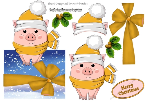 Baby pig in santa hat with gold bow over the edge