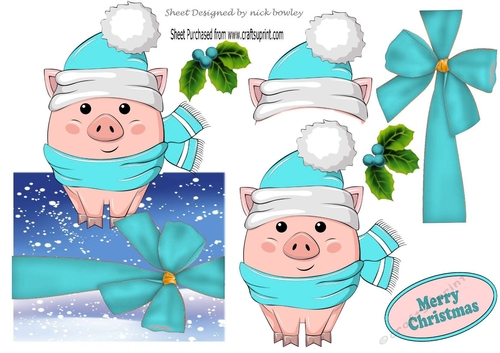 Baby pig in santa hat with turq bow over the edge
