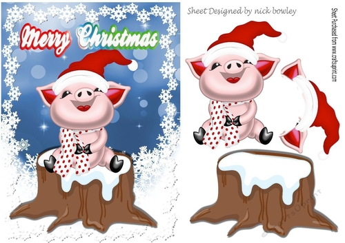 Cute little piggy sitting on a log in red santa hat A5