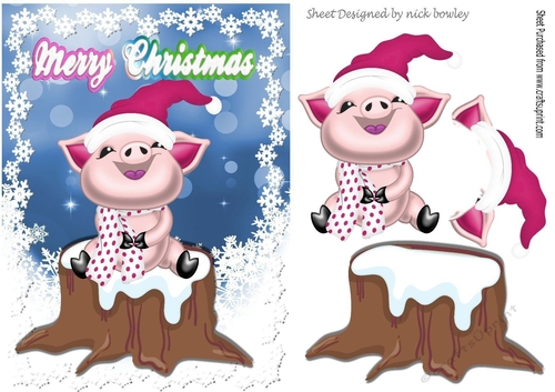 Cute little piggy sitting on a log in pink santa hat A5