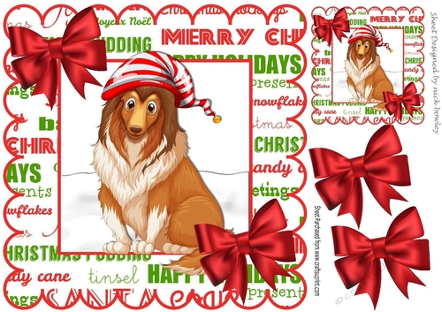 Lovely Collie in santa hat with bows 8x8