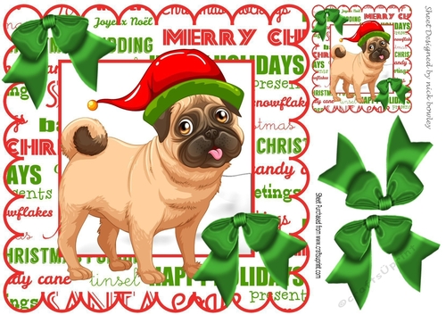 Lovely Pug in santa hat with green bows 8x8