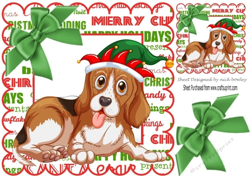 Lovely dog in elf hat with bow 8x8