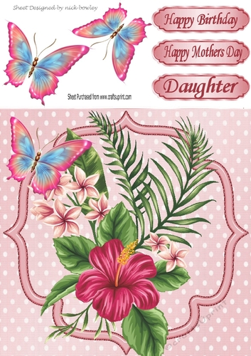 Pretty pink flowers and butterflies with polkadots 8x8