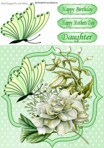Pretty green/white flowers and butterflies with polkadots 8x8