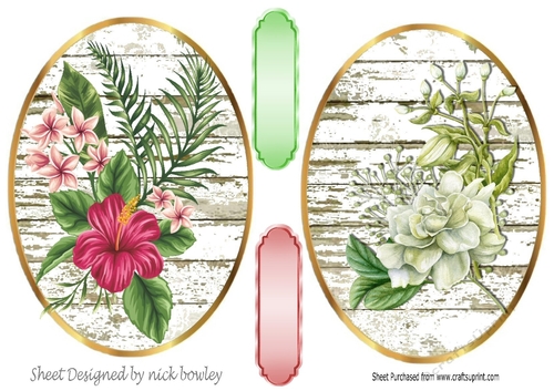 Two lovely floral toppers pink/green/white on white board oval frames
