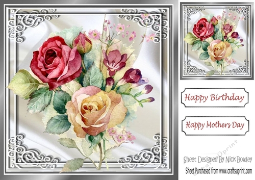 Such Beauty painted flowers on white satin in ornate frame 8x8