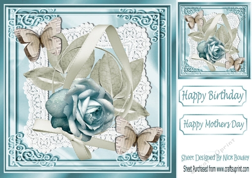 So Delicate paper butterflies and turq rose on lace & ribbon 8x8