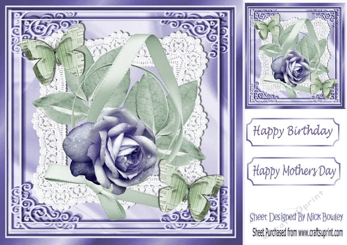 So Delicate paper butterflies and purple rose on lace & satin 8x8