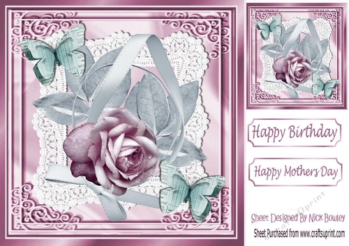 So Delicate paper butterflies and pink rose on lace & satin 8x8
