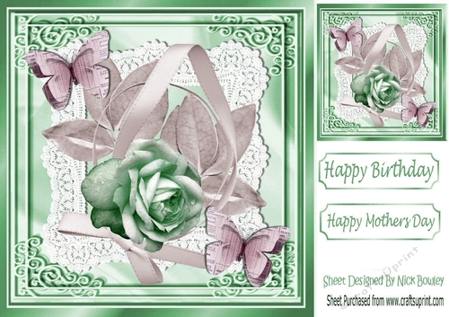 So Delicate paper butterflies and green rose on lace & satin 8x8