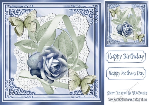 So Delicate paper butterflies and pretty blue rose on lace & satin 8x8