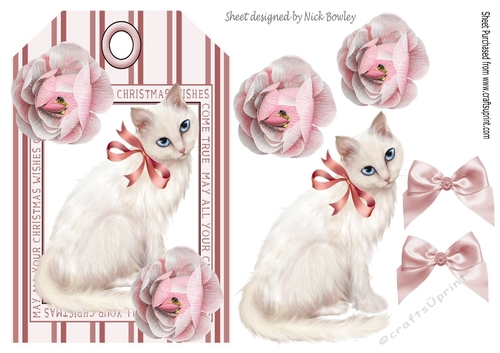 A Pretty christmas candy stripe tag with cat and roses 