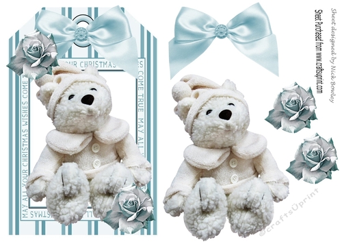 A Pretty christmas stripe tag with white wooly teddy and turq roses