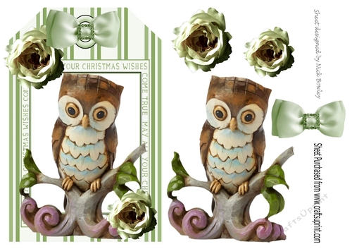 A Pretty christmas candy stripe tag with ornamental owl with roses