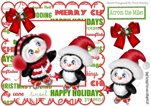 Cute pair of skating penguins in festive frame 8x8
