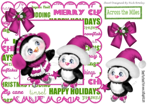 Cute pair of skating penguins in festive frame (pink) 8x8