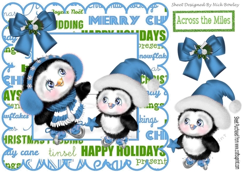 Cute pair of skating penguins in festive frame (blue) 8x8