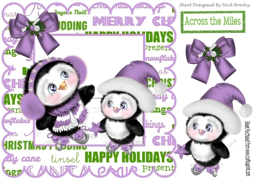 Cute pair of skating penguins in festive frame (purple) 8x8