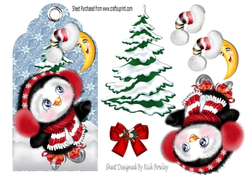 cute penguin in red on christmas tag with christmas tree