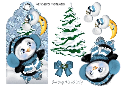 cute penguin in blue on christmas tag with christmas tree