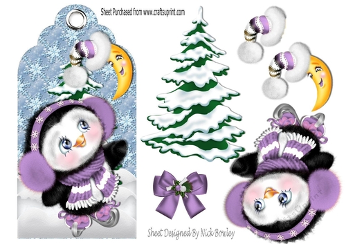 cute penguin in purple on christmas tag with christmas tree
