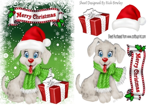 Cute puppy in santa hat with christmas present A5