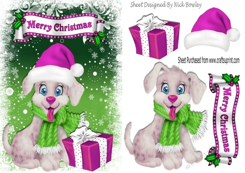 Cute puppy in santa hat with Pink christmas present A5