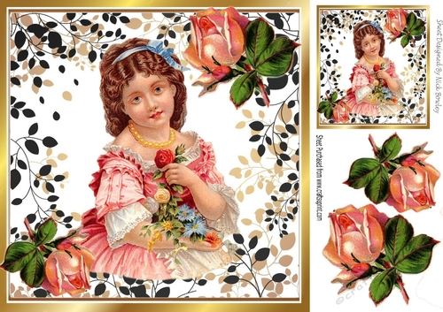Pretty Vintage Girl with roses in leaf frame 8x8 