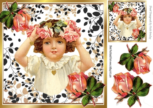 Pretty Vintage Girl holding pink roses in leaf frame 8x8