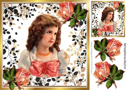 lovely Vintage Girl with roses in pink bow in leaf frame 8x8