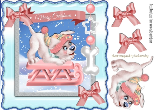 cute little puppy on a sledge with her bone 8x8