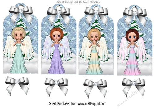 Four pretty Christmas tags with Angels and bows (blue)