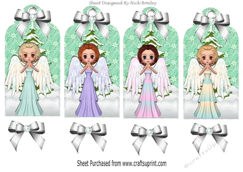Four pretty Christmas tags with Angels and bows (turq)