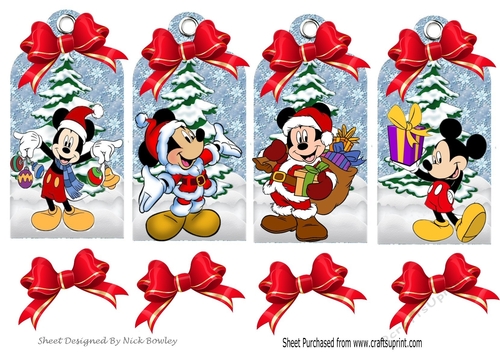Four lovely christmas tags with Mr Mouse in the snow with bows