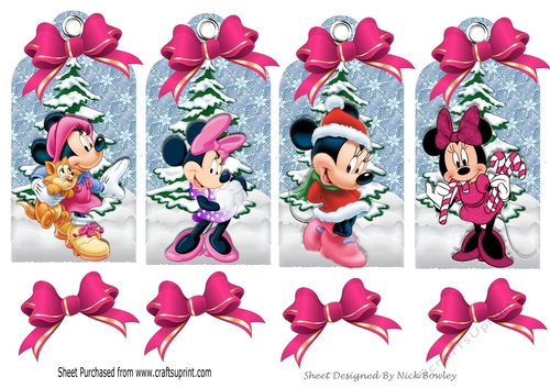 Four lovely christmas tags with Miss Mouse in the snow with pink bows