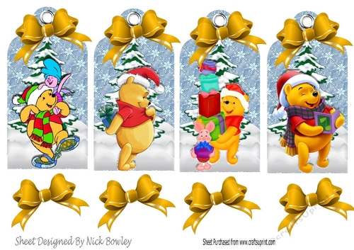 Four lovely christmas tags with pooh bear in the snow with gold bows