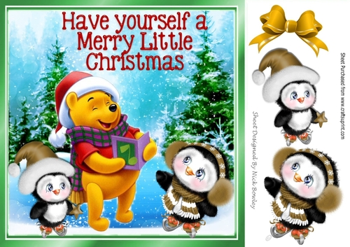 Pooh bear singing carols with cute penguins 8x8
