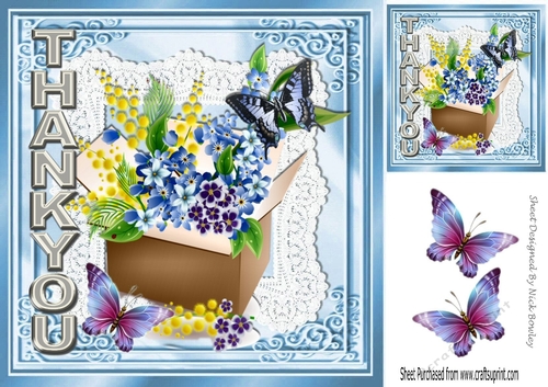 Lovely arrangement of flowers in a box on lace   THANKYOU Card