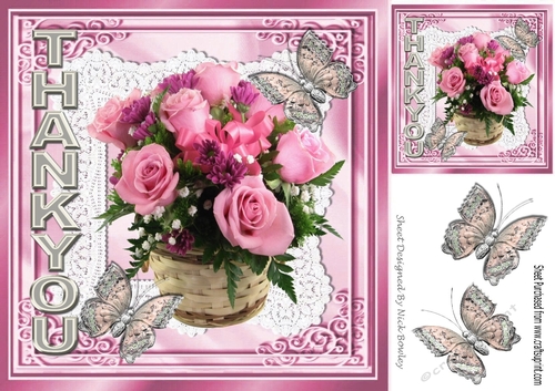A pretty THANKYOU card with a basket of pink roses on lace 8x8
