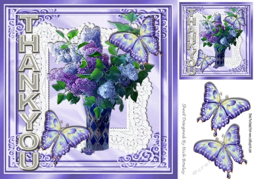 A pretty THANKYOU card with a vase of purple flowers on lace 8x8