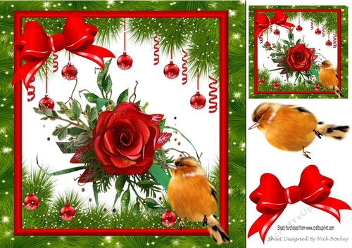 pretty red winter rose with robin and baubles 8x8