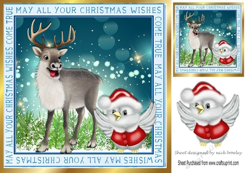 Cute reindeer and little bird in red santa hat 8x8