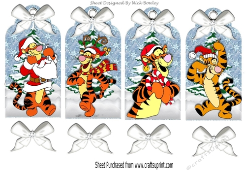 Four lovely christmas tags with tigger in the snow with white bows