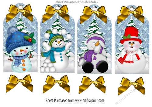 Four lovely christmas tags with snowmen in the snow with gold bows