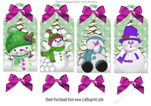 Four lovely christmas tags with snowmen in the snow with pink bows