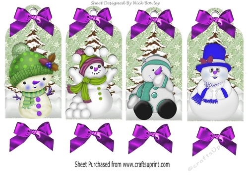Four lovely christmas tags with snowmen in the snow with purple bows