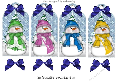 Four lovely christmas tags with musical snowmen in the snow with blue bows
