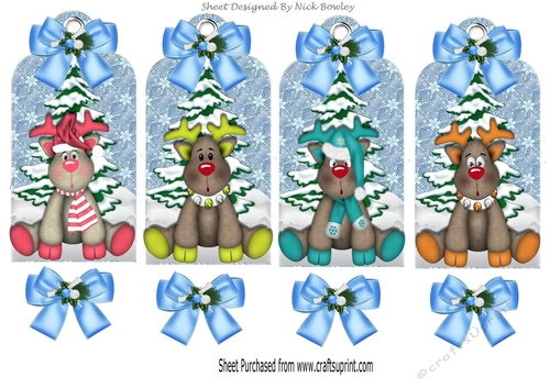 Four lovely christmas tags with reindeers in the snow with gold bows